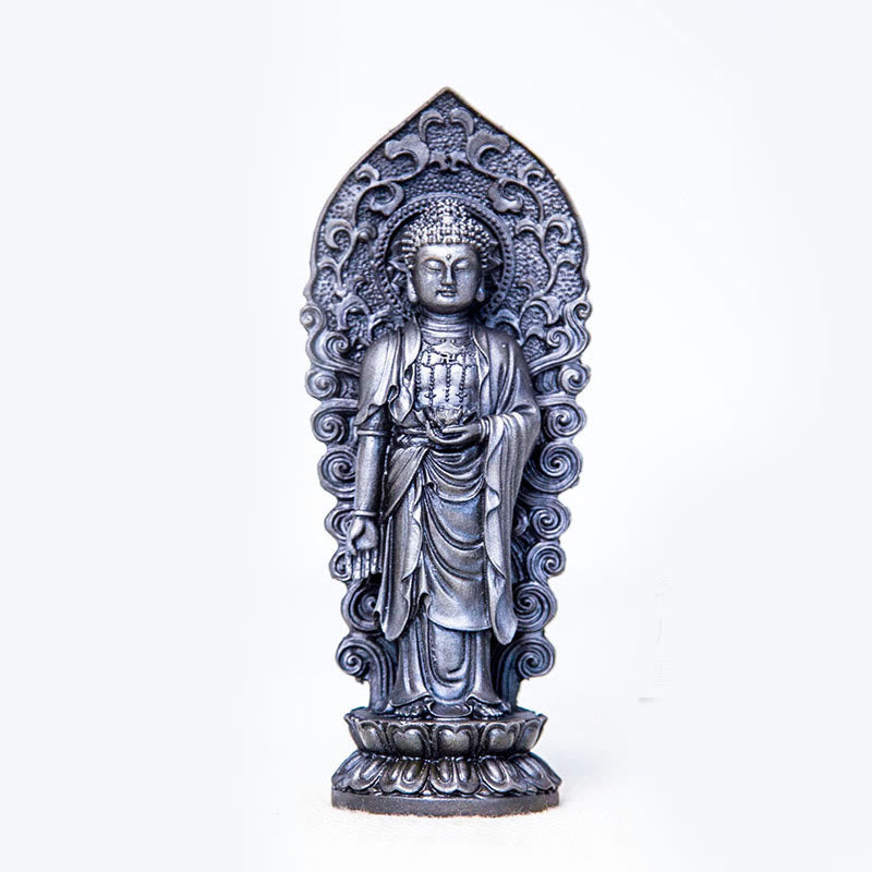 Statue de Buddha Stones en pierre faite à la main Amitabha Guanyin Avalokitesvara Mahasthamaprapta en poudre de fer et résine coulée rouillée - Bouddha Lotus - Version polie 18*7*4,7 cm - image 27
