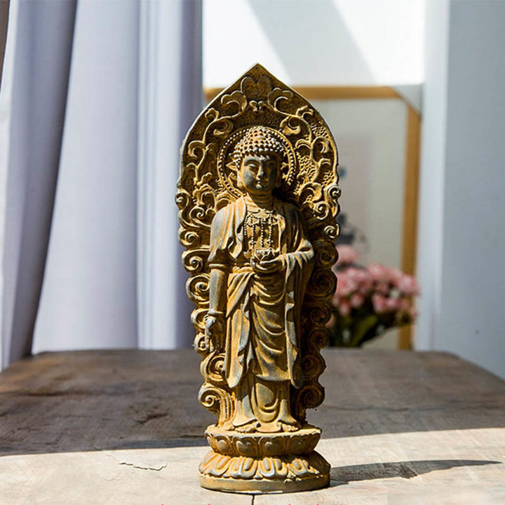 Statue de Buddha Stones en pierre faite à la main Amitabha Guanyin Avalokitesvara Mahasthamaprapta en poudre de fer et résine coulée rouillée - Bouddha Lotus - Version rouille 18*7cm - image 8