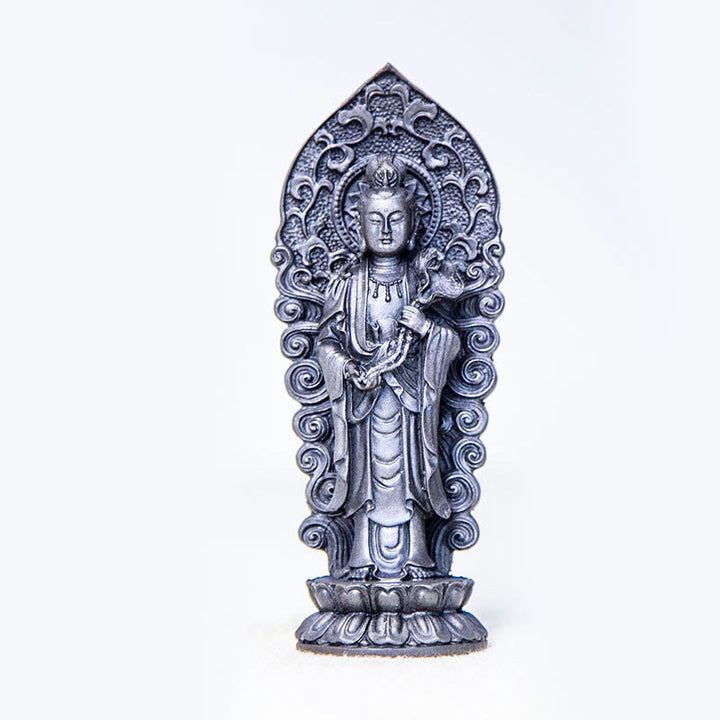Statue de Buddha Stones en pierre faite à la main Amitabha Guanyin Avalokitesvara Mahasthamaprapta en poudre de fer et résine coulée rouillée