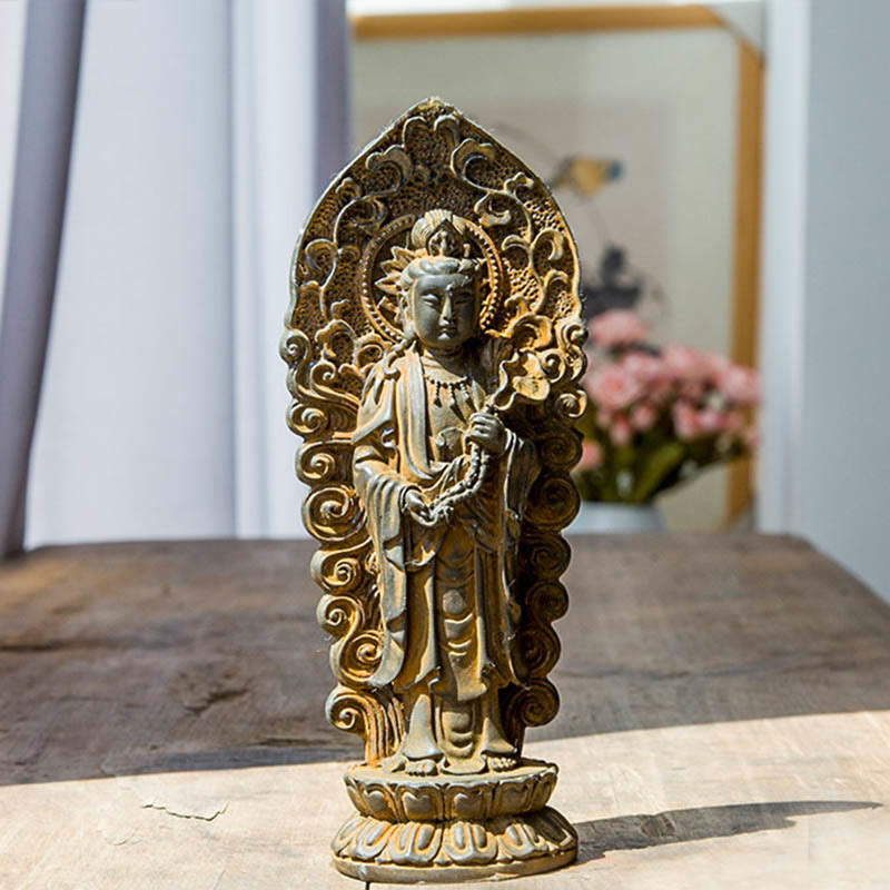 Statue de Buddha Stones en pierre faite à la main Amitabha Guanyin Avalokitesvara Mahasthamaprapta en poudre de fer et résine coulée rouillée - Poignée de Bouddha Ruyi - Version rouille 18*7cm - image 0