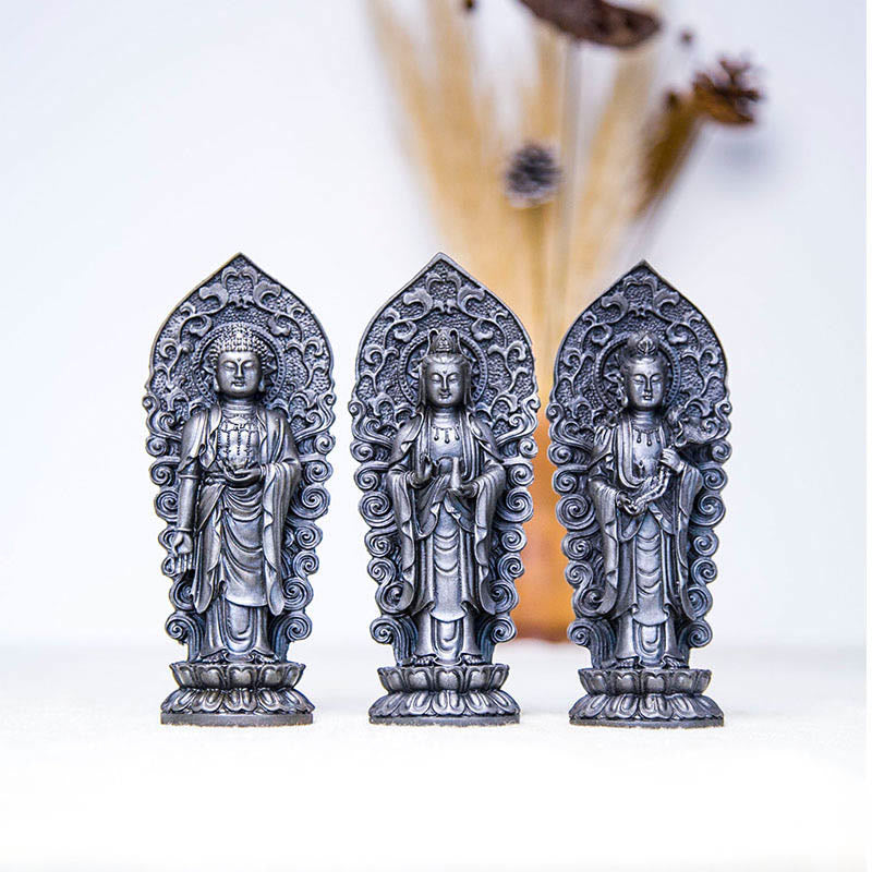 Statue de Buddha Stones en pierre faite à la main Amitabha Guanyin Avalokitesvara Mahasthamaprapta en poudre de fer et résine coulée rouillée