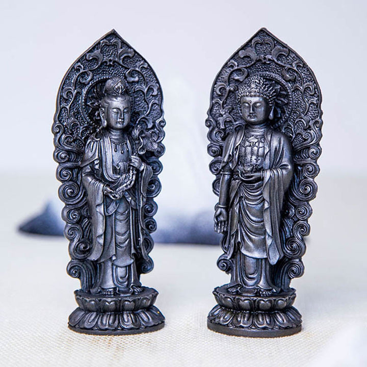 Statue de Buddha Stones en pierre faite à la main Amitabha Guanyin Avalokitesvara Mahasthamaprapta en poudre de fer et résine coulée rouillée