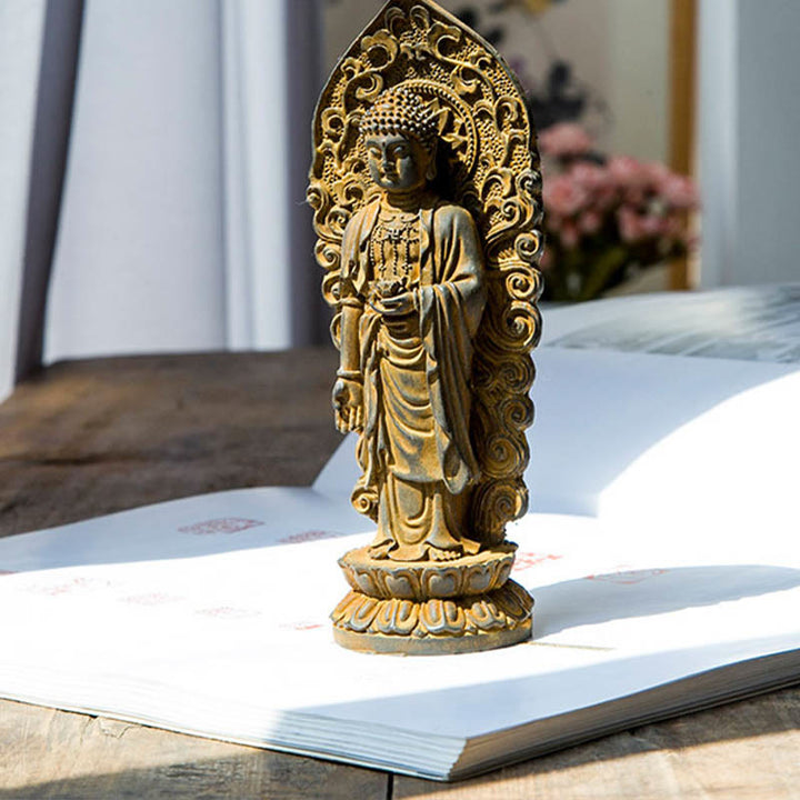 Statue de Buddha Stones en pierre faite à la main Amitabha Guanyin Avalokitesvara Mahasthamaprapta en poudre de fer et résine coulée rouillée