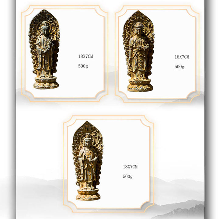 Statue de Buddha Stones en pierre faite à la main Amitabha Guanyin Avalokitesvara Mahasthamaprapta en poudre de fer et résine coulée rouillée