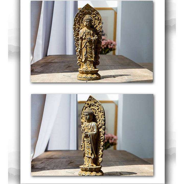 Statue de Buddha Stones en pierre faite à la main Amitabha Guanyin Avalokitesvara Mahasthamaprapta en poudre de fer et résine coulée rouillée