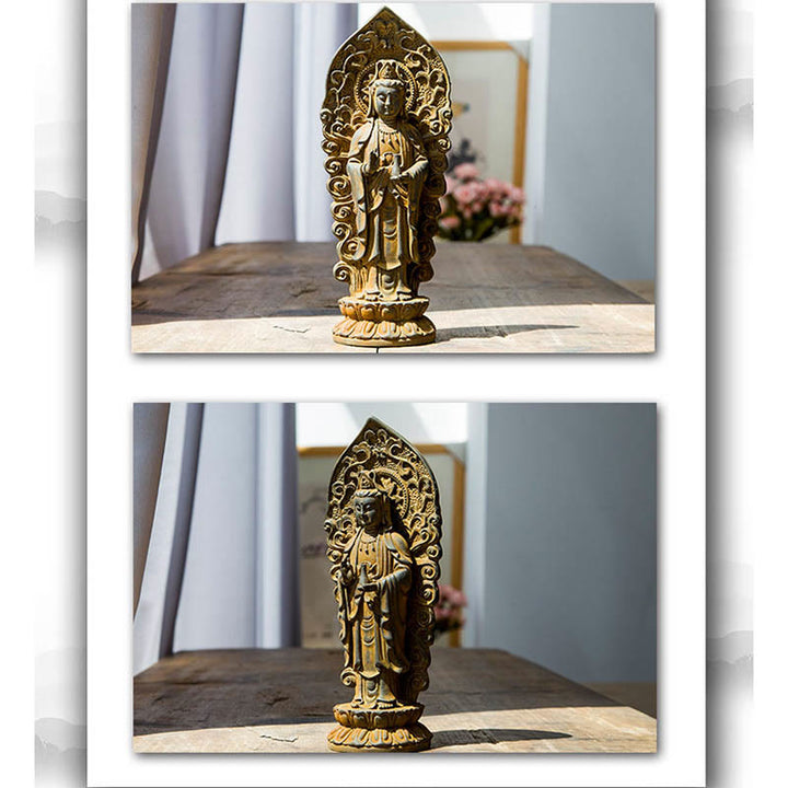 Statue de Buddha Stones en pierre faite à la main Amitabha Guanyin Avalokitesvara Mahasthamaprapta en poudre de fer et résine coulée rouillée