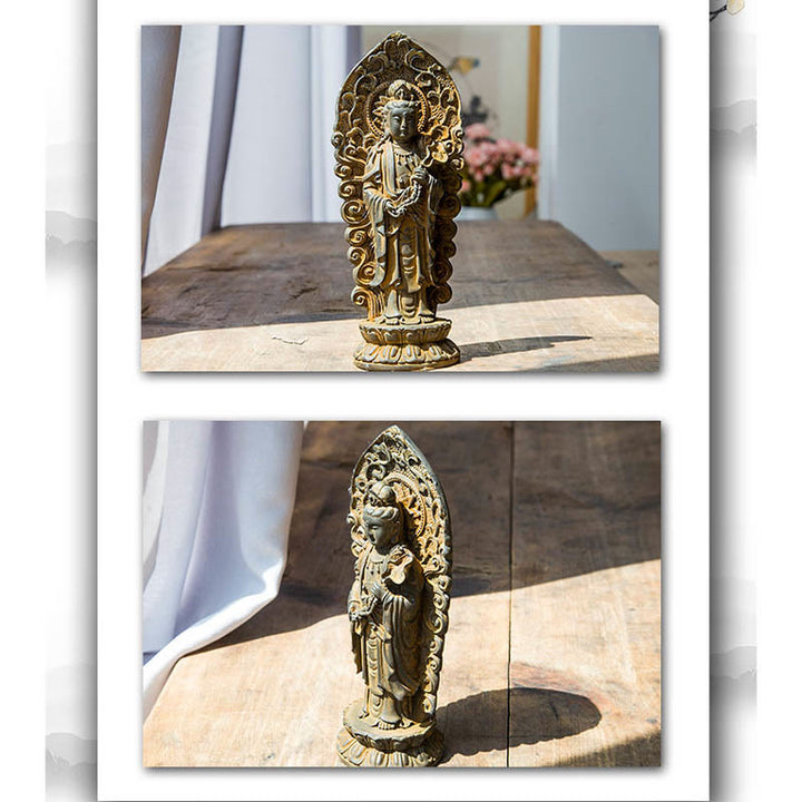 Statue de Buddha Stones en pierre faite à la main Amitabha Guanyin Avalokitesvara Mahasthamaprapta en poudre de fer et résine coulée rouillée