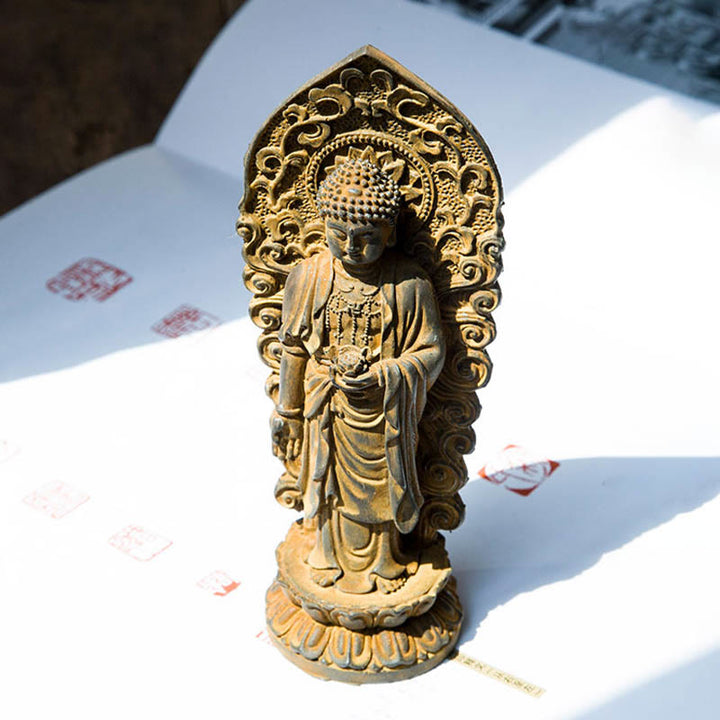 Statue de Buddha Stones en pierre faite à la main Amitabha Guanyin Avalokitesvara Mahasthamaprapta en poudre de fer et résine coulée rouillée
