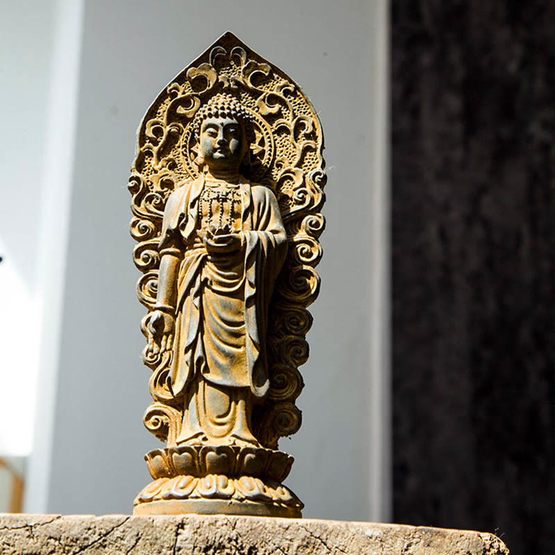 Statue de Buddha Stones en pierre faite à la main Amitabha Guanyin Avalokitesvara Mahasthamaprapta en poudre de fer et résine coulée rouillée