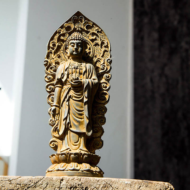 Statue de Buddha Stones en pierre faite à la main Amitabha Guanyin Avalokitesvara Mahasthamaprapta en poudre de fer et résine coulée rouillée