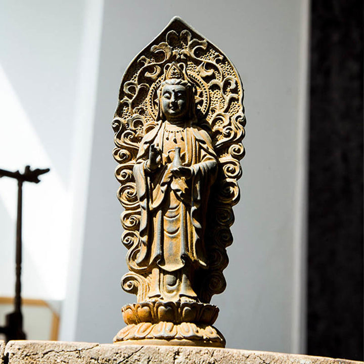Statue de Buddha Stones en pierre faite à la main Amitabha Guanyin Avalokitesvara Mahasthamaprapta en poudre de fer et résine coulée rouillée