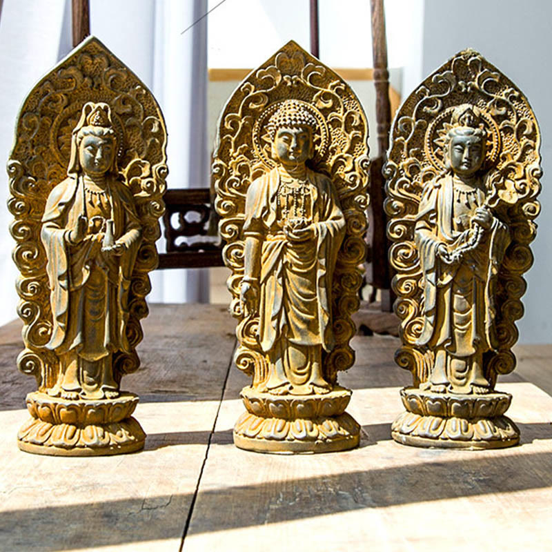 Statue de Buddha Stones en pierre faite à la main Amitabha Guanyin Avalokitesvara Mahasthamaprapta en poudre de fer et résine coulée rouillée