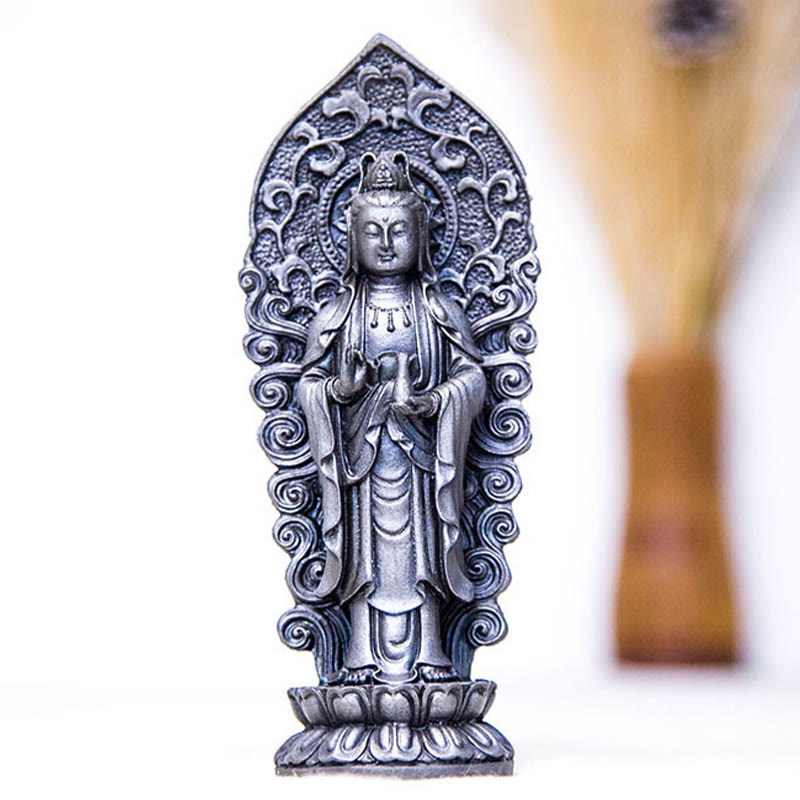 Statue de Buddha Stones en pierre faite à la main Amitabha Guanyin Avalokitesvara Mahasthamaprapta en poudre de fer et résine coulée rouillée