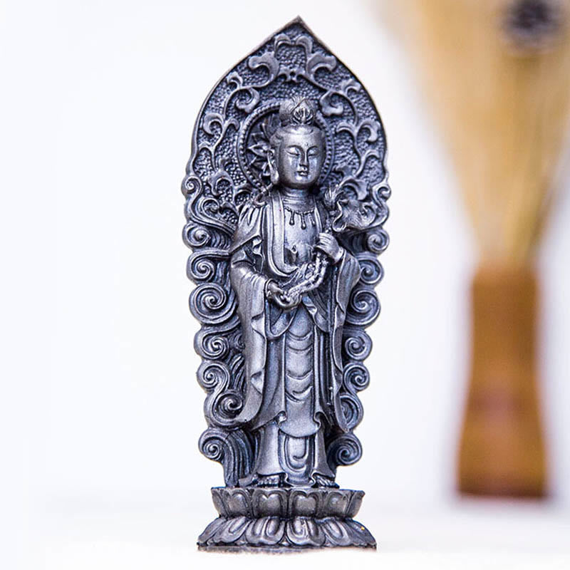 Statue de Buddha Stones en pierre faite à la main Amitabha Guanyin Avalokitesvara Mahasthamaprapta en poudre de fer et résine coulée rouillée