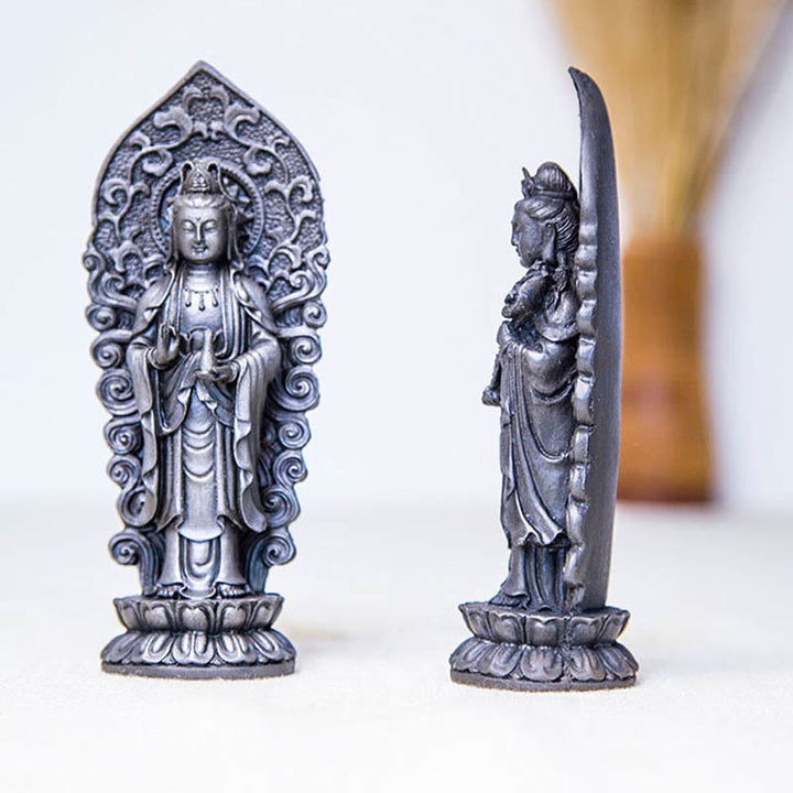 Statue de Buddha Stones en pierre faite à la main Amitabha Guanyin Avalokitesvara Mahasthamaprapta en poudre de fer et résine coulée rouillée