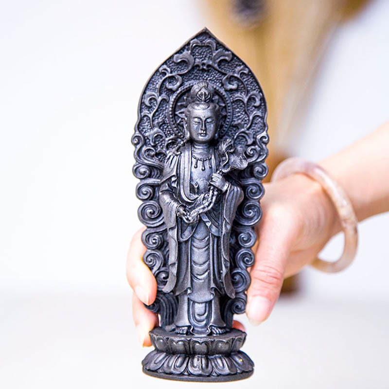 Statue de Buddha Stones en pierre faite à la main Amitabha Guanyin Avalokitesvara Mahasthamaprapta en poudre de fer et résine coulée rouillée