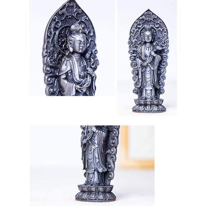 Statue de Buddha Stones en pierre faite à la main Amitabha Guanyin Avalokitesvara Mahasthamaprapta en poudre de fer et résine coulée rouillée