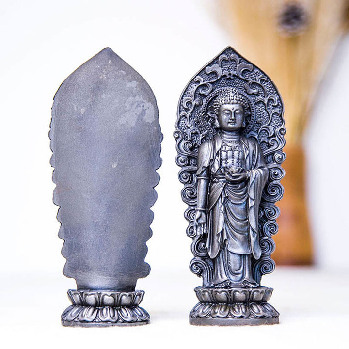 Statue de Buddha Stones en pierre faite à la main Amitabha Guanyin Avalokitesvara Mahasthamaprapta en poudre de fer et résine coulée rouillée