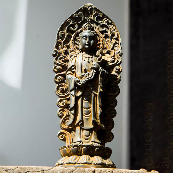 Statue de Buddha Stones en pierre faite à la main Amitabha Guanyin Avalokitesvara Mahasthamaprapta en poudre de fer et résine coulée rouillée