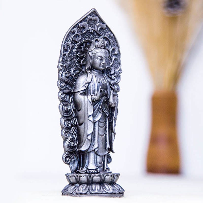 Statue de Buddha Stones en pierre faite à la main Amitabha Guanyin Avalokitesvara Mahasthamaprapta en poudre de fer et résine coulée rouillée