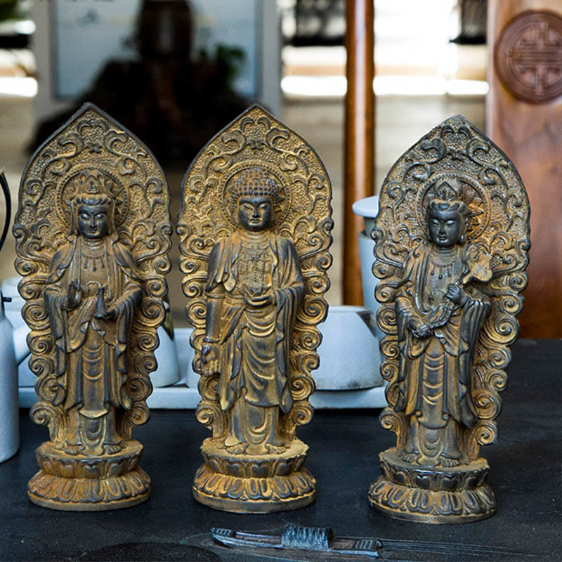 Statue de Buddha Stones en pierre faite à la main Amitabha Guanyin Avalokitesvara Mahasthamaprapta en poudre de fer et résine coulée rouillée