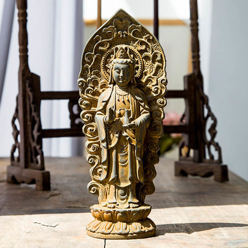 Statue de Buddha Stones en pierre faite à la main Amitabha Guanyin Avalokitesvara Mahasthamaprapta en poudre de fer et résine coulée rouillée