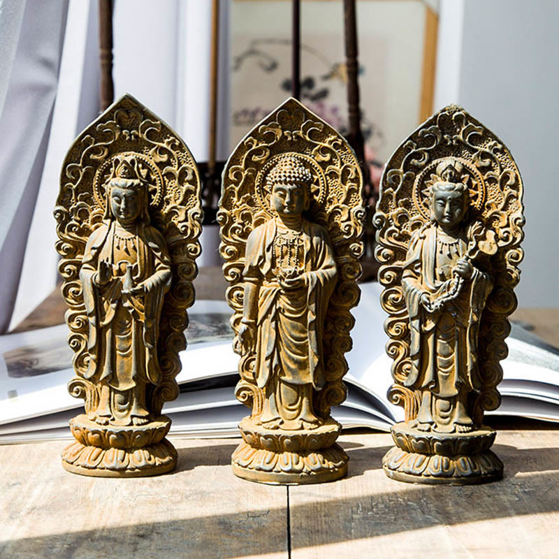 Statue de Buddha Stones en pierre faite à la main Amitabha Guanyin Avalokitesvara Mahasthamaprapta en poudre de fer et résine coulée rouillée