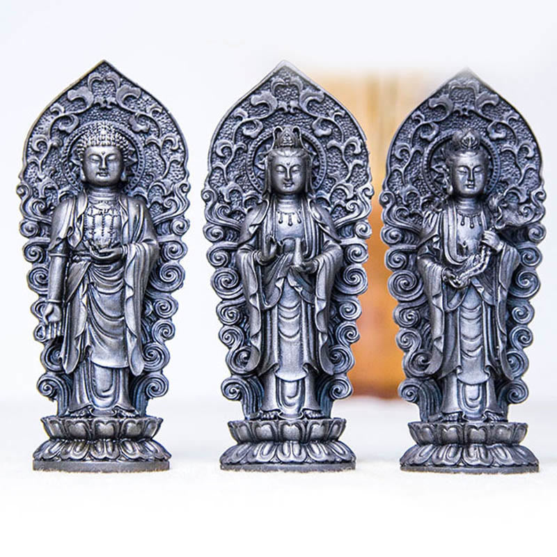 Statue de Buddha Stones en pierre faite à la main Amitabha Guanyin Avalokitesvara Mahasthamaprapta en poudre de fer et résine coulée rouillée
