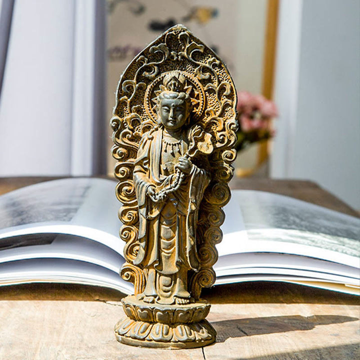 Statue de Buddha Stones en pierre faite à la main Amitabha Guanyin Avalokitesvara Mahasthamaprapta en poudre de fer et résine coulée rouillée