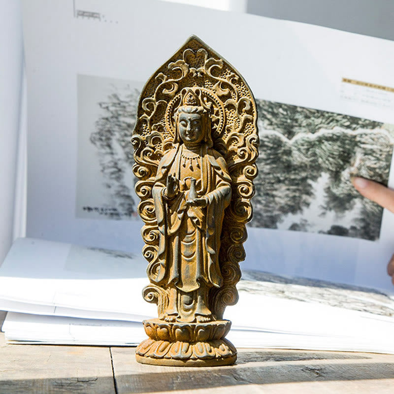 Statue de Buddha Stones en pierre faite à la main Amitabha Guanyin Avalokitesvara Mahasthamaprapta en poudre de fer et résine coulée rouillée