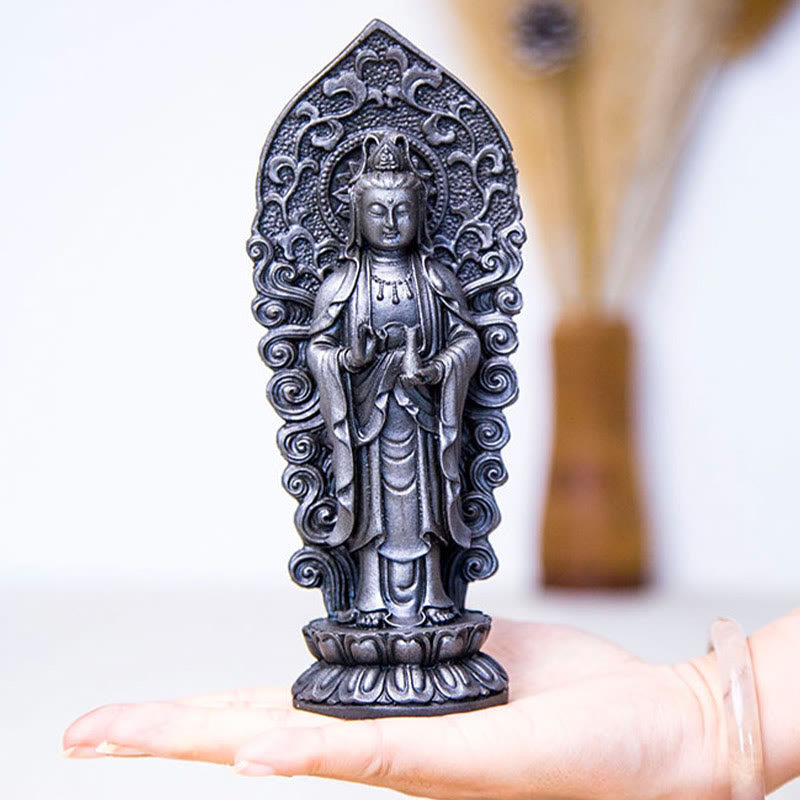 Statue de Buddha Stones en pierre faite à la main Amitabha Guanyin Avalokitesvara Mahasthamaprapta en poudre de fer et résine coulée rouillée