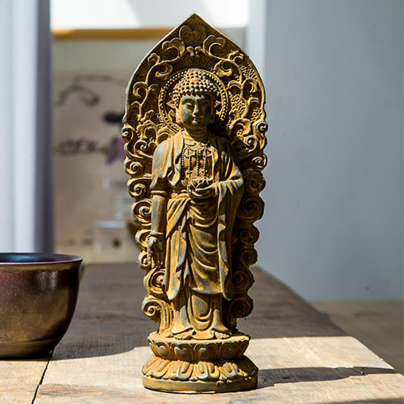 Statue de Buddha Stones en pierre faite à la main Amitabha Guanyin Avalokitesvara Mahasthamaprapta en poudre de fer et résine coulée rouillée