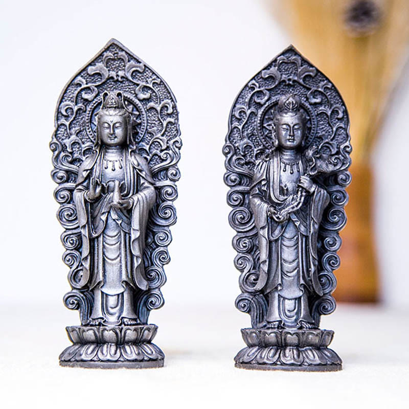 Statue de Buddha Stones en pierre faite à la main Amitabha Guanyin Avalokitesvara Mahasthamaprapta en poudre de fer et résine coulée rouillée