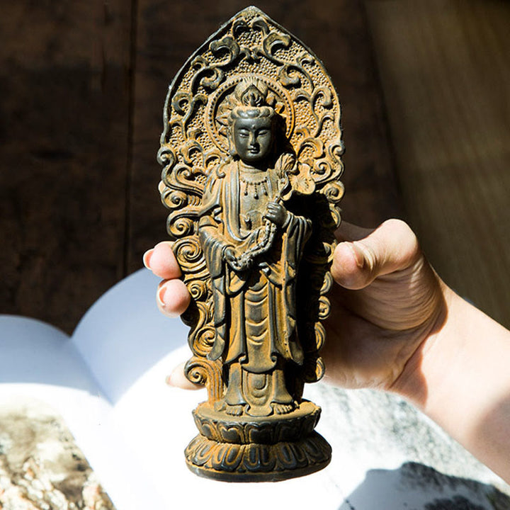Statue de Buddha Stones en pierre faite à la main Amitabha Guanyin Avalokitesvara Mahasthamaprapta en poudre de fer et résine coulée rouillée