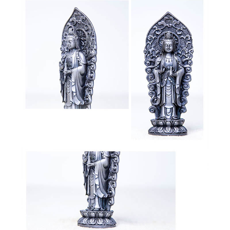 Statue de Buddha Stones en pierre faite à la main Amitabha Guanyin Avalokitesvara Mahasthamaprapta en poudre de fer et résine coulée rouillée