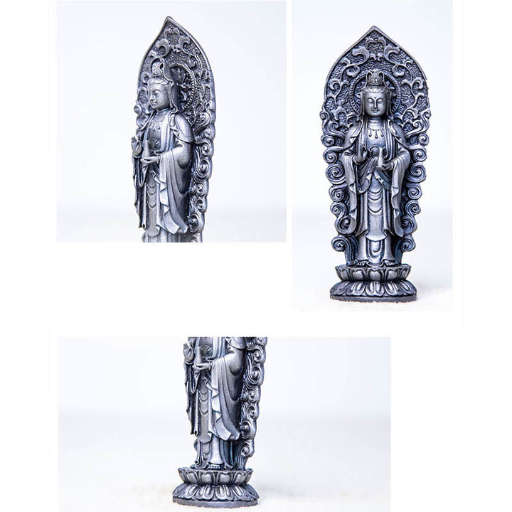 Statue de Buddha Stones en pierre faite à la main Amitabha Guanyin Avalokitesvara Mahasthamaprapta en poudre de fer et résine coulée rouillée