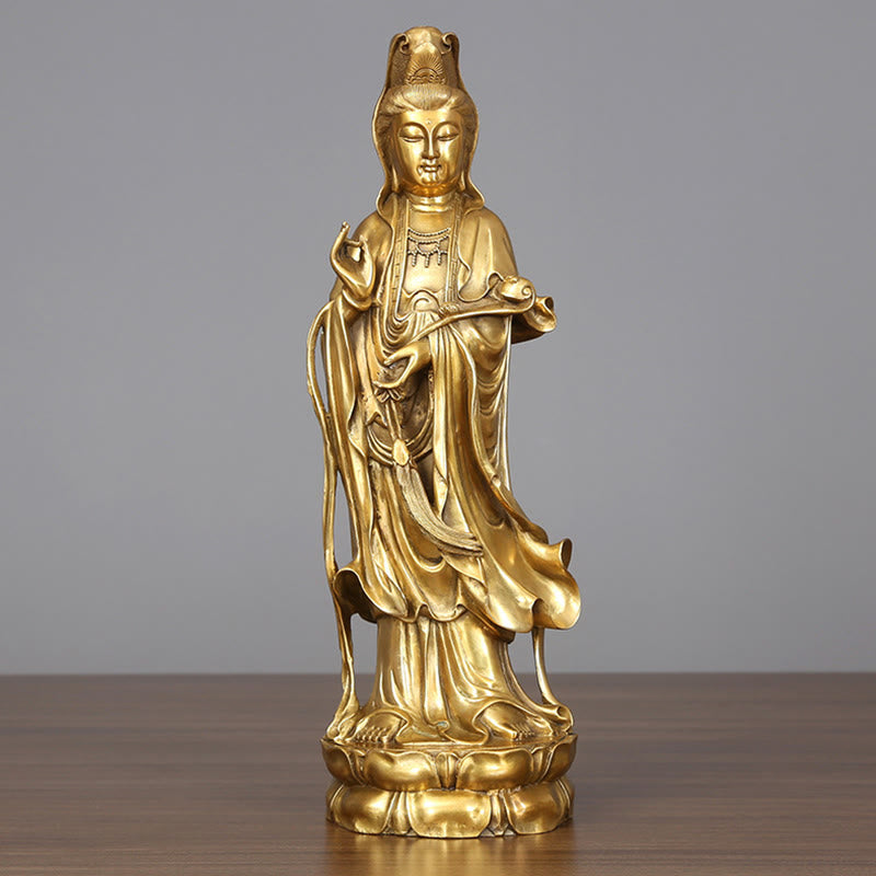 Buddha Stones Doré Debout Kwan Yin Avalokitesvara Richesse Laiton Cuivre Statue Maison Bureau Décoration - Avalokitesvara 14*44,5 cm - image 0