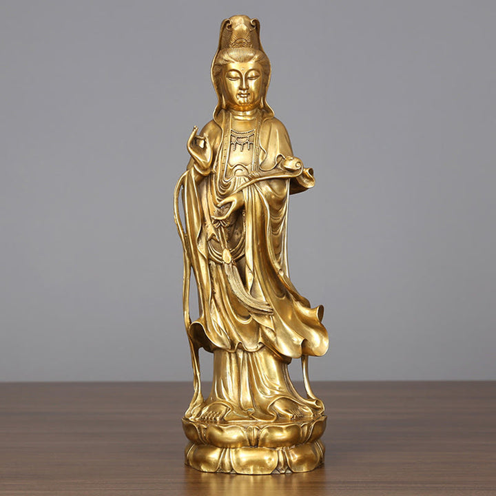 Buddha Stones Doré Debout Kwan Yin Avalokitesvara Richesse Laiton Cuivre Statue Maison Bureau Décoration - Avalokitesvara 14*44,5 cm - image 0