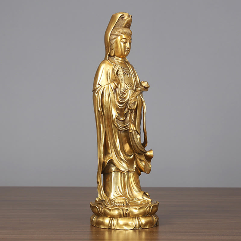 Buddha Stones Doré Debout Kwan Yin Avalokitesvara Richesse Laiton Cuivre Statue Maison Bureau Décoration - image 1