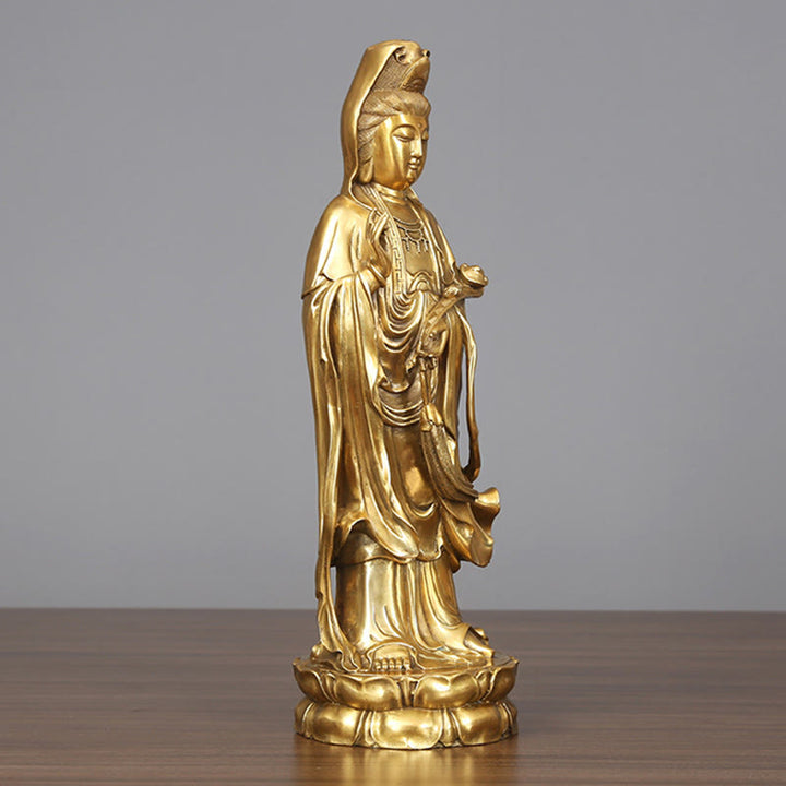 Buddha Stones Doré Debout Kwan Yin Avalokitesvara Richesse Laiton Cuivre Statue Maison Bureau Décoration - image 1