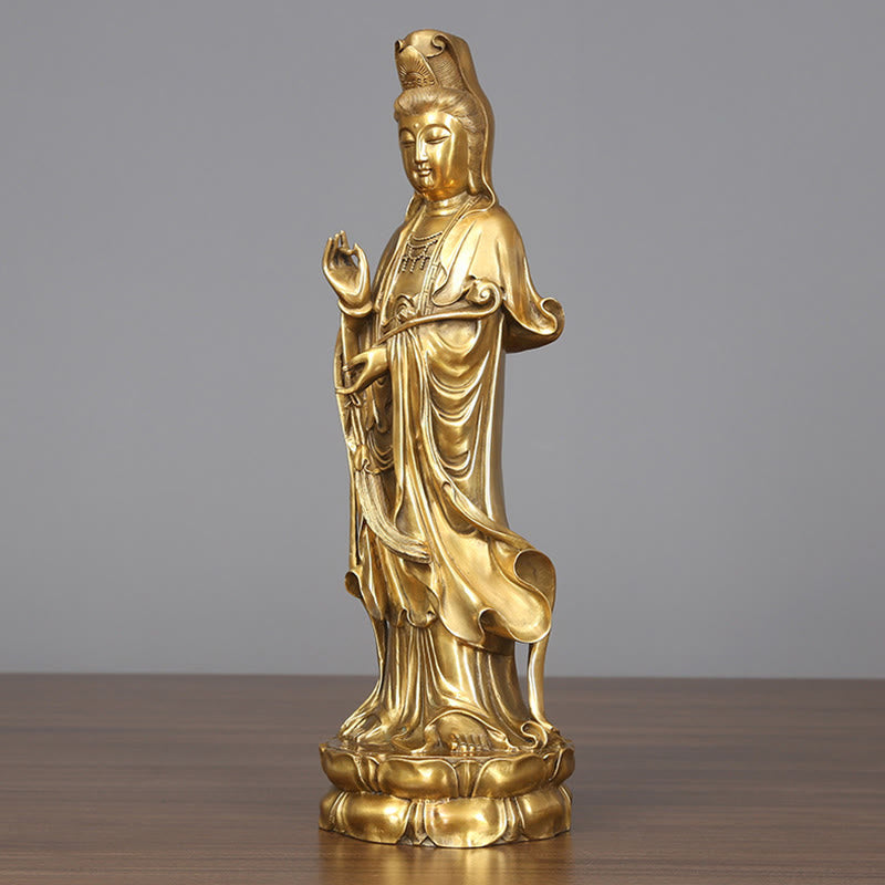 Buddha Stones Doré Debout Kwan Yin Avalokitesvara Richesse Laiton Cuivre Statue Maison Bureau Décoration - image 2