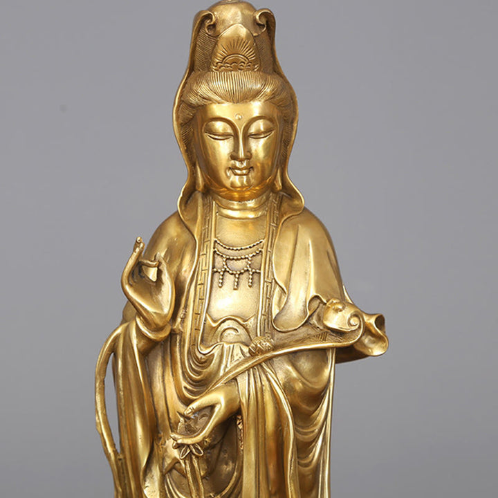 Buddha Stones Doré Debout Kwan Yin Avalokitesvara Richesse Laiton Cuivre Statue Maison Bureau Décoration - image 7