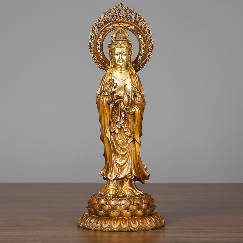 Buddha Stones Kwan Yin Avalokitesvara Lotus Aura Succès Laiton Cuivre Statue Décoration de la Maison - Avalokitesvara 19*45cm - image 0