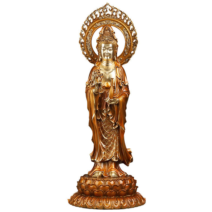 Buddha Stones Kwan Yin Avalokitesvara Lotus Aura Succès Laiton Cuivre Statue Décoration de la Maison - image 10
