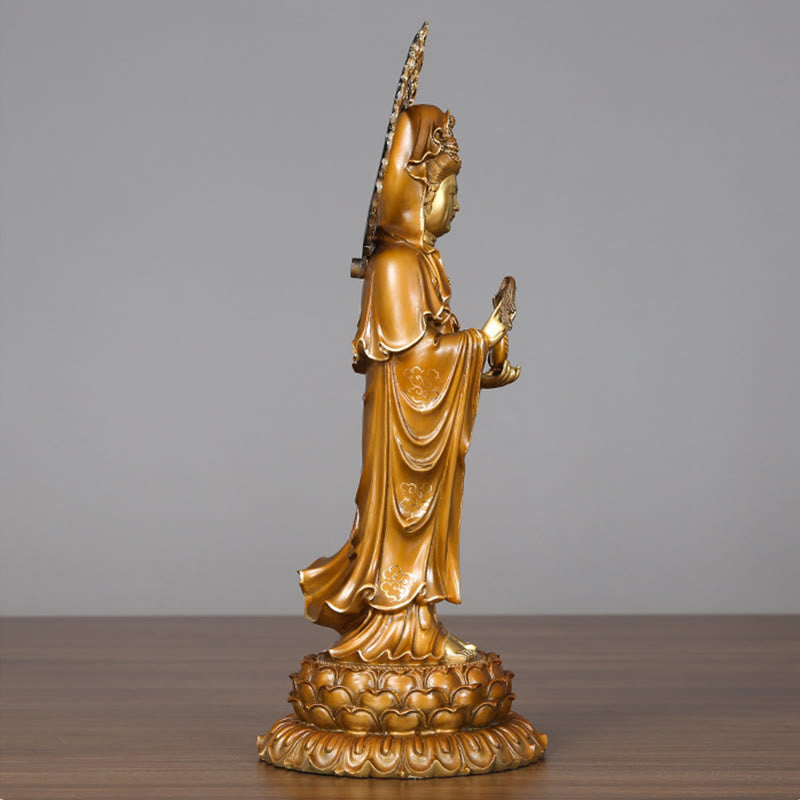 Buddha Stones Kwan Yin Avalokitesvara Lotus Aura Succès Laiton Cuivre Statue Décoration de la Maison - image 6