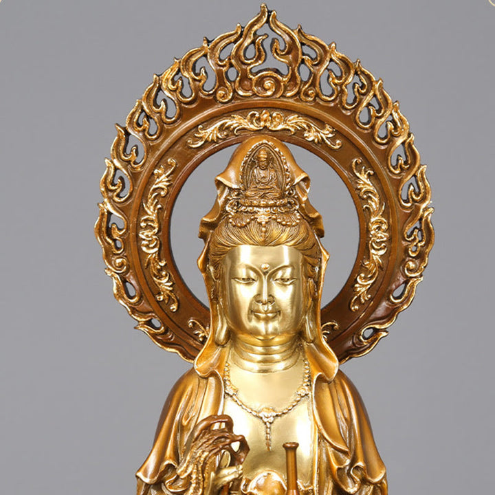Buddha Stones Kwan Yin Avalokitesvara Lotus Aura Succès Laiton Cuivre Statue Décoration de la Maison - image 7