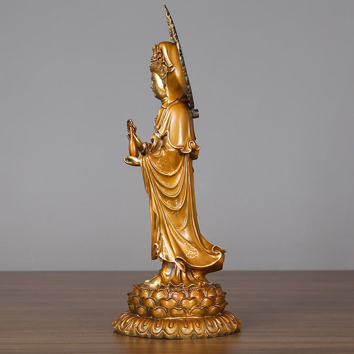 Buddha Stones Kwan Yin Avalokitesvara Lotus Aura Succès Laiton Cuivre Statue Décoration de la Maison - image 4