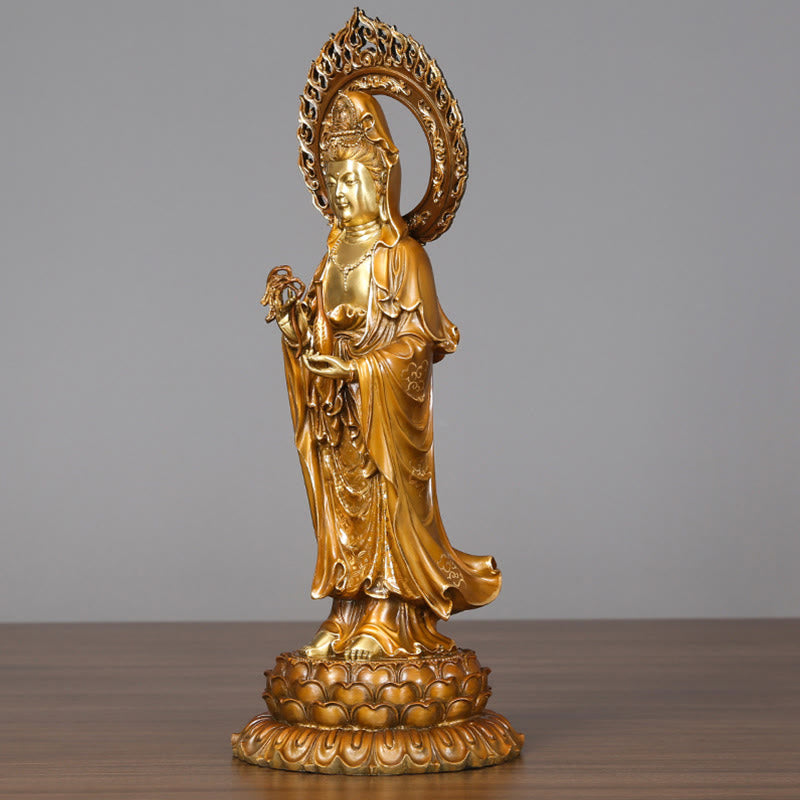 Buddha Stones Kwan Yin Avalokitesvara Lotus Aura Succès Laiton Cuivre Statue Décoration de la Maison - image 3
