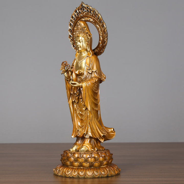 Buddha Stones Kwan Yin Avalokitesvara Lotus Aura Succès Laiton Cuivre Statue Décoration de la Maison - image 3