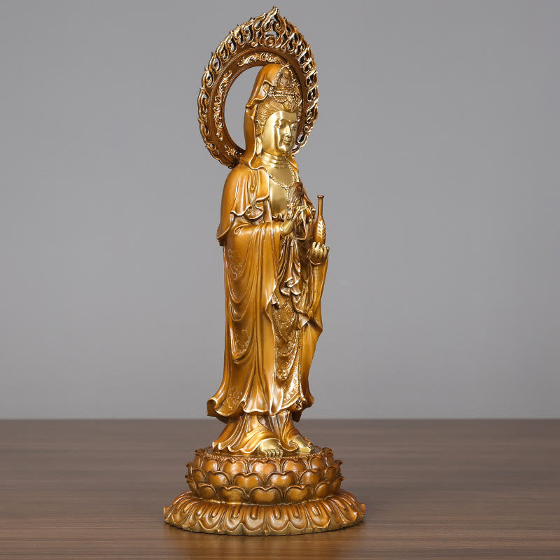 Buddha Stones Kwan Yin Avalokitesvara Lotus Aura Succès Laiton Cuivre Statue Décoration de la Maison - image 1